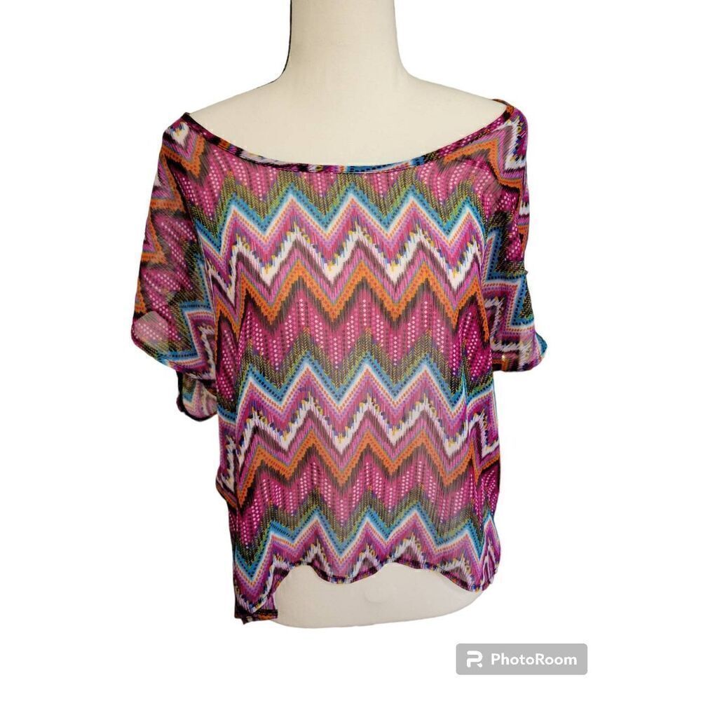 Pink Rose Multicolored Sheer Cropped Blouse Sz L